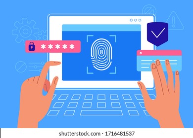Vector illustration in flat simple style with characters - online security concept - personal data protection with biometric technologies and personal identification. Virtual interface 