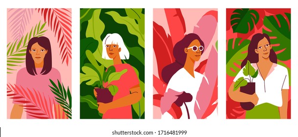 Vector illustration in flat  simple style - women and plants - abstract vertical banners with green leaves and female characters for stories and social media posts - concept for beauty and cosmetics