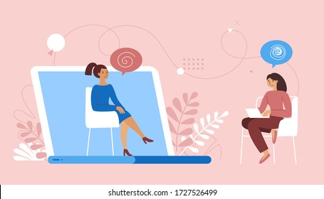 Vector illustration in flat  simple style - online psychological help and support service - psychologist and her patient having video call using modern technology app. Counseling therapy, depression a - Shutterstock ID 1727526499