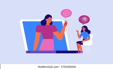 Vector illustration in flat  simple style - online psychological help and support service - psychologist and her patient having video call using modern technology app. Counseling therapy, depression a