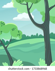 Vector illustration in flat simple style - spring and summer colour background with blue sky. Illustration with trees and leaves in cold colors.