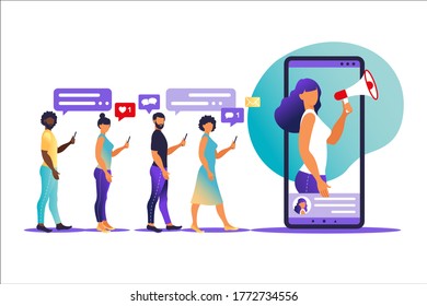Vector illustration in flat simple style with characters - influencer marketing concept - blogger promotion services and goods for his followers online