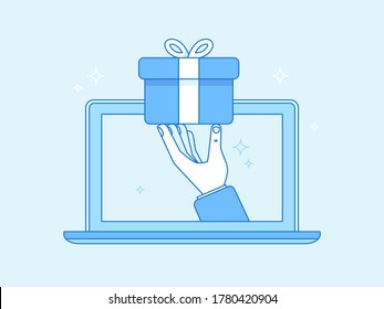 Vector illustration in flat simple style - hand giving a present through laptop - free delivery, winning prize concept 