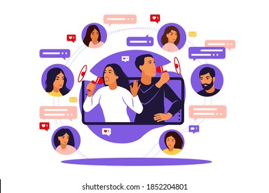 Vector illustration in flat simple style with characters - influencer marketing concept - blogger promotion services and goods for his followers online. Girl and man shouting in loud speaker.