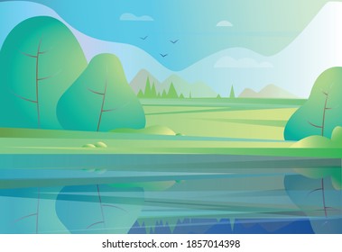 Vector illustration in flat simple style - soft spring background. Landscape with lake, trees, meadows, mountains, clouds and birds - background for banner, greeting card, poster and advertisement.