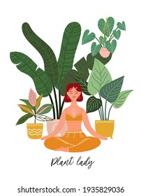 Vector illustration in flat simple style - women and plants. The girl meditates in the home garden. Plant lady. Poster, print or postcard.