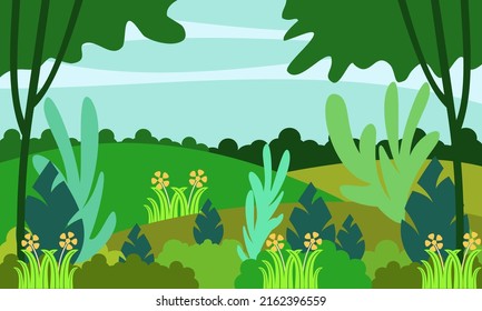 Vector illustration flat simple style - spring and summer background - landscape with plants, leaves, flowers - background for banner, greeting card, poster and advertising