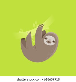 Vector illustration in flat simple style - funny sloth character smiling and hanging on a tree branch - lazy and slow jungle animal