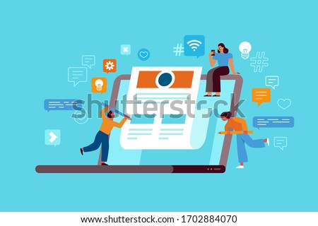 Vector illustration in flat simple style with characters - influencer marketing concept and referral loyalty program - blogger promotion services and goods for her followers online 