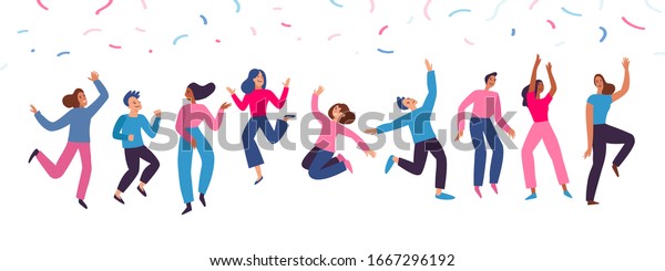 Vector illustration in flat\
simple style - happy jumping team - smiling men and women dancing -\
victory, teamwork and cooperation concept - happy and joyful people\
 