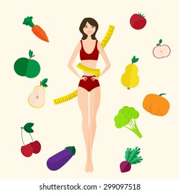 Vector illustration of a flat Slim girl, fresh fruits and vegetables. Proper lifestyle