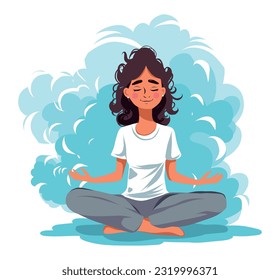 Vector illustration flat illustration spiritual awareness cute girl smile on her face is engaged in yoga meditates on a cloud in the sky