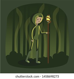 Vector illustration with flat stile characters in night forest with yellow lamp