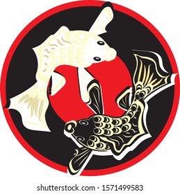 Vector illustration of a flat stile. Image of a  pair of carp. The symbol of love, Yin Yan. Asian style.