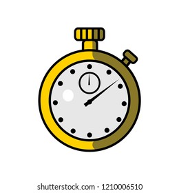 Vector illustration of flat stopwatch. Yellow color, black outline, white background.