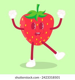 Vector Illustration Flat Strawberry Cute Character expression emotion hands up, minimal style , Raw materials fresh fruit , Mascot strawberry product