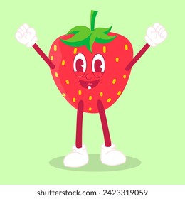 Vector Illustration Flat Strawberry Cute Character expression emotion happy, minimal style , Raw materials fresh fruit , Mascot strawberry product