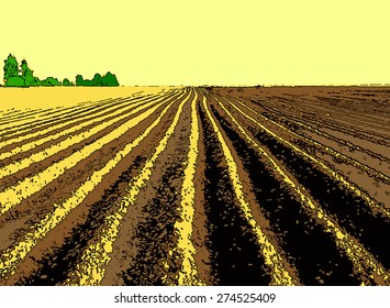 Vector Illustration Flat Strip Of Plowed Land Stretching To The Horizon