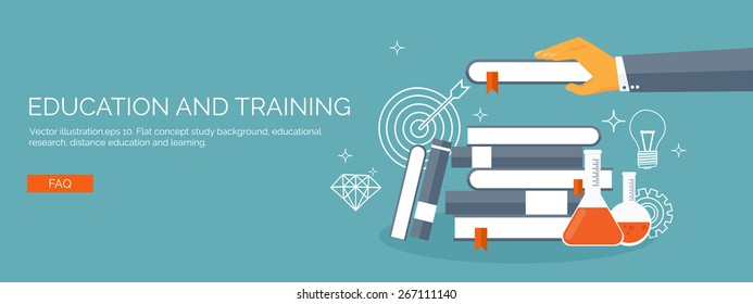 Vector illustration. Flat study background. Education and online courses, web tutorials, e-learning. Study and creative process. Power of knowledge. Video tutorials.