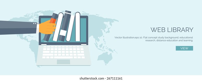 Vector illustration. Flat study background. Education and online courses, web tutorials, e-learning. Study and creative process. Power of knowledge. Video tutorials.