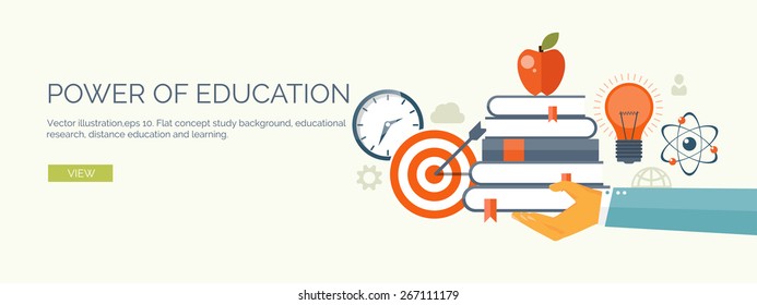 Vector illustration. Flat study background. Education and online courses, web tutorials, e-learning. Study and creative process. Power of knowledge. Video tutorials.