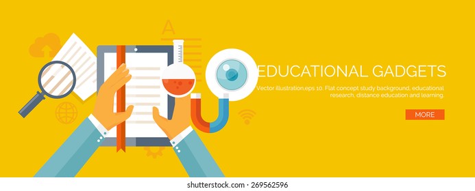 Vector illustration. Flat study background. Education and online courses, web tutorials, e-learning. Study and creative process. Power of knowledge. Video tutorials.