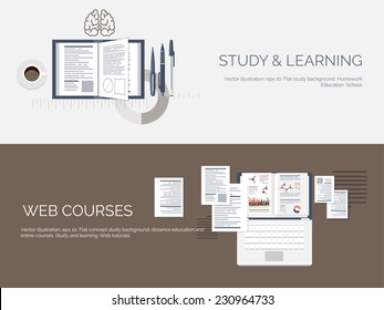 Vector illustration. Flat study backgrounds set. Education and online courses, web tutorials, e-learning. Study and creative process. Power of knowledge. Video tutorials.