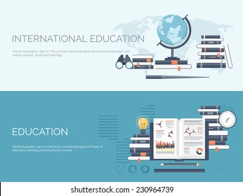 Vector illustration. Flat study backgrounds set. Education and online courses, web tutorials, e-learning. Study and creative process. Power of knowledge. Video tutorials.