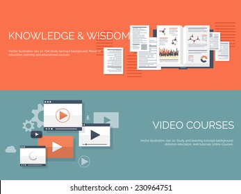 Vector illustration. Flat study backgrounds set. Education and online courses, web tutorials, e-learning. Study and creative process. Power of knowledge. Video tutorials.