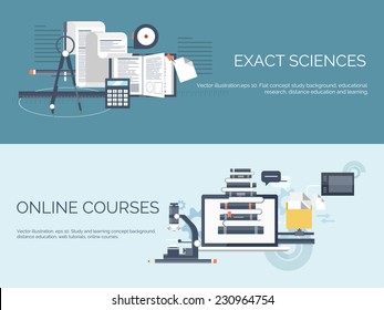 Vector illustration. Flat study backgrounds set. Education and online courses, web tutorials, e-learning. Study and creative process. Power of knowledge. Video tutorials.