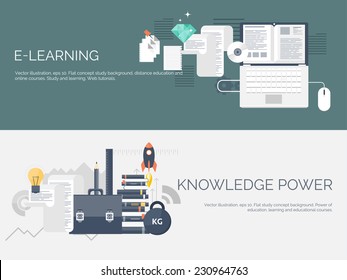 Vector illustration. Flat study backgrounds set. Education and online courses, web tutorials, e-learning. Study and creative process. Power of knowledge. Video tutorials.