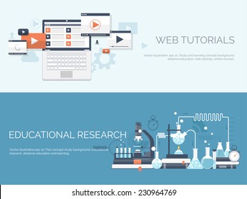 Vector illustration. Flat study backgrounds set. Education and online courses, web tutorials, e-learning. Study and creative process. Power of knowledge. Video tutorials.