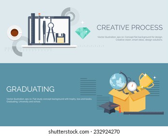 Vector illustration. Flat study backgrounds set. Education and online courses, web tutorials, e-learning. Study and creative process. Power of knowledge. Video tutorials.