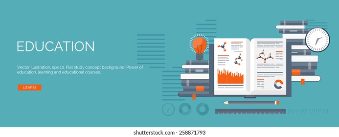 Vector illustration. Flat study backgrounds set. Education and online courses, web tutorials, e-learning. Study and creative process. Power of knowledge. Video tutorials.