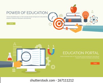 Vector illustration. Flat study backgrounds set. Education and online courses, web tutorials, e-learning. Study and creative process. Power of knowledge. Video tutorials.