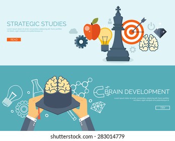 Vector illustration. Flat study backgrounds set.  Study aim and strategy. Academic cap, chess figure. Planning and management. Education online. Target with arrow.