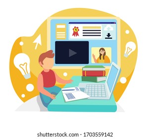 Vector illustration in flat style about online learning from home. 
A little student is sitting at a laptop and studying online at school. Banner about kids on the internet. 