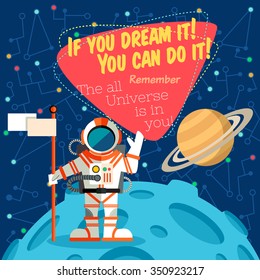 Vector illustration in flat style about outer space. Planets in the univers. Greeting card