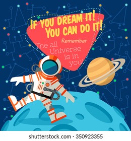 Vector illustration in flat style about outer space. Planets in the univers. Greeting card