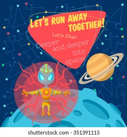 Vector illustration in flat style about outer space. Planets in the univers. Greeting card