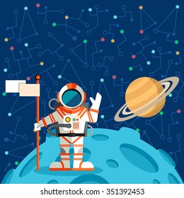 Vector illustration in flat style about outer space. Planets in the univers. Greeting card