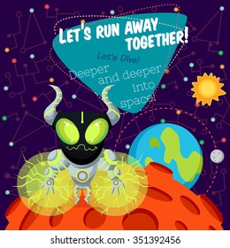 Vector illustration in flat style about outer space. Planets in the univers. Greeting card