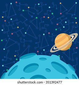 Vector illustration in flat style about outer space. Planets in the univers. Greeting card