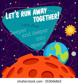 Vector illustration in flat style about outer space. Planets in the univers. Greeting card