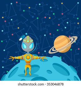 Vector illustration in flat style about outer space. Planets in the univers. Greeting card