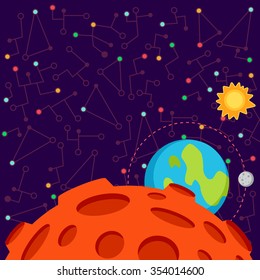 Vector illustration in flat style about outer space. Planets in the univers. Greeting card