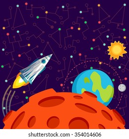 Vector illustration in flat style about outer space. Planets in the univers. Greeting card