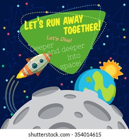 Vector illustration in flat style about outer space. Planets in the univers. Greeting card
