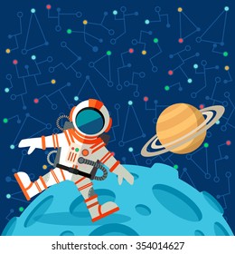 Vector illustration in flat style about outer space. Planets in the univers. Greeting card