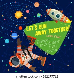 Vector illustration in flat style about outer space. Planets in the univers. Greeting card